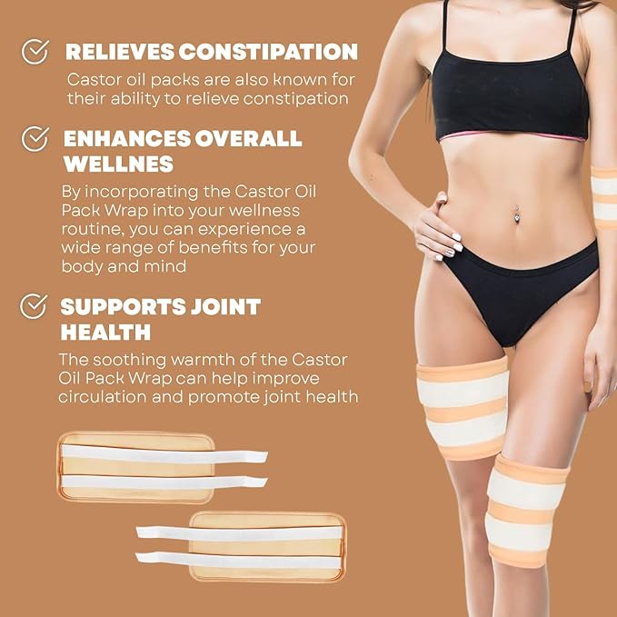 Castor Oil Pack Wrap Kit, 2 Pcs Organic Cotton, Adjustable Strap for Neck, Waist, Chest, Knee, Reusable, Washable - Detox, Constipation, Inflammation (Black)