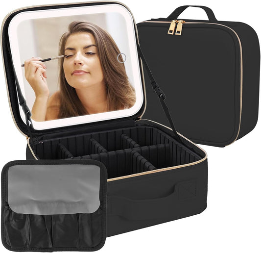 Makeup Case with LED Mirror,Makeup Organizer Bag Travel Makeup Case Large Makeup Bag With Rechargeable Mirror 3 Color Lights Detachable Mirror for Women Beauty Tools Accessories（Black）
