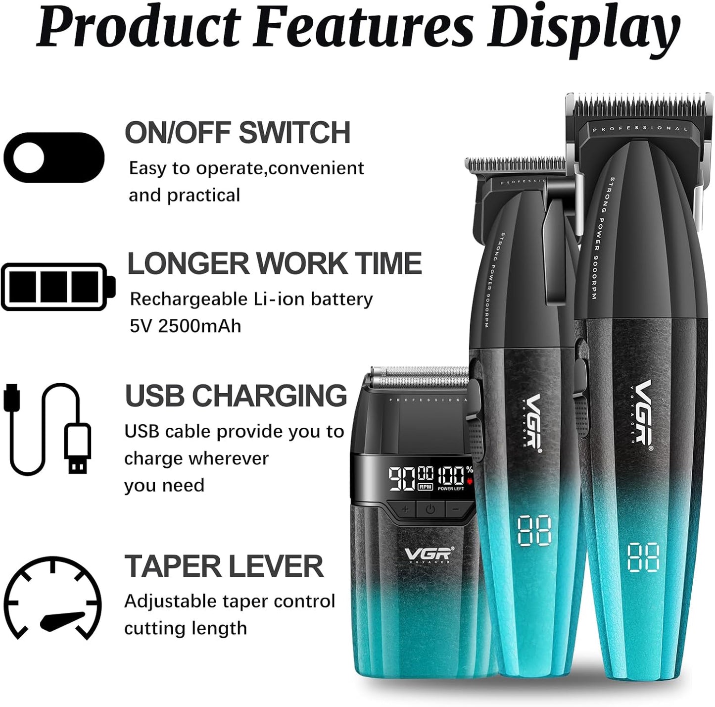 VGR 640S3 Professional 3 in 1 Hair Cutting Kit, 9000RPM Hair Clippers for Men Professional Hair Trimmer & Foil Shavers Set, Cordless Mens Barber Combo for Home, for Him(Green)