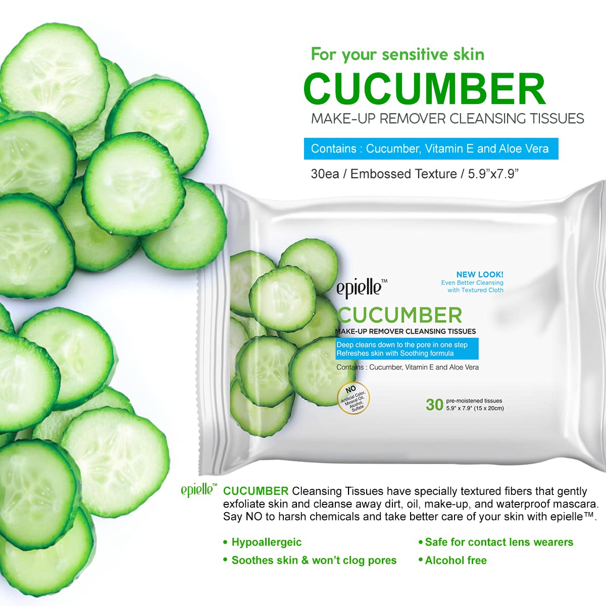 Epielle New Makeup Remover Cleansing Wipes Tissue - Cucumber 30 Count 6 Pack | Gentle for all Skin Types | Daily Facial Cleansing Towelettes | Removes Dirt, Oil, Makeup (Cucumber)