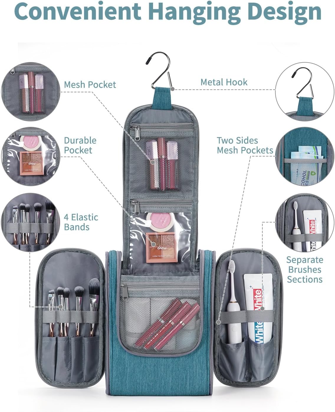 Narwey Small Hanging Travel Toiletry Bag Cosmetic Make up Organizer for Women and Men (Medium, Teal)