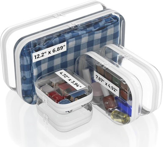 Extra Durable Mini Clear Hard Shell Zipper Case 6 Pack, 2x 12" Large, 2x 8" Medium, 2x 5" Small, Clear Travel Makeup Case, Hard Plastic Toiletry & Cosmetic Bag, Zippered Make Up Organizer Pouch