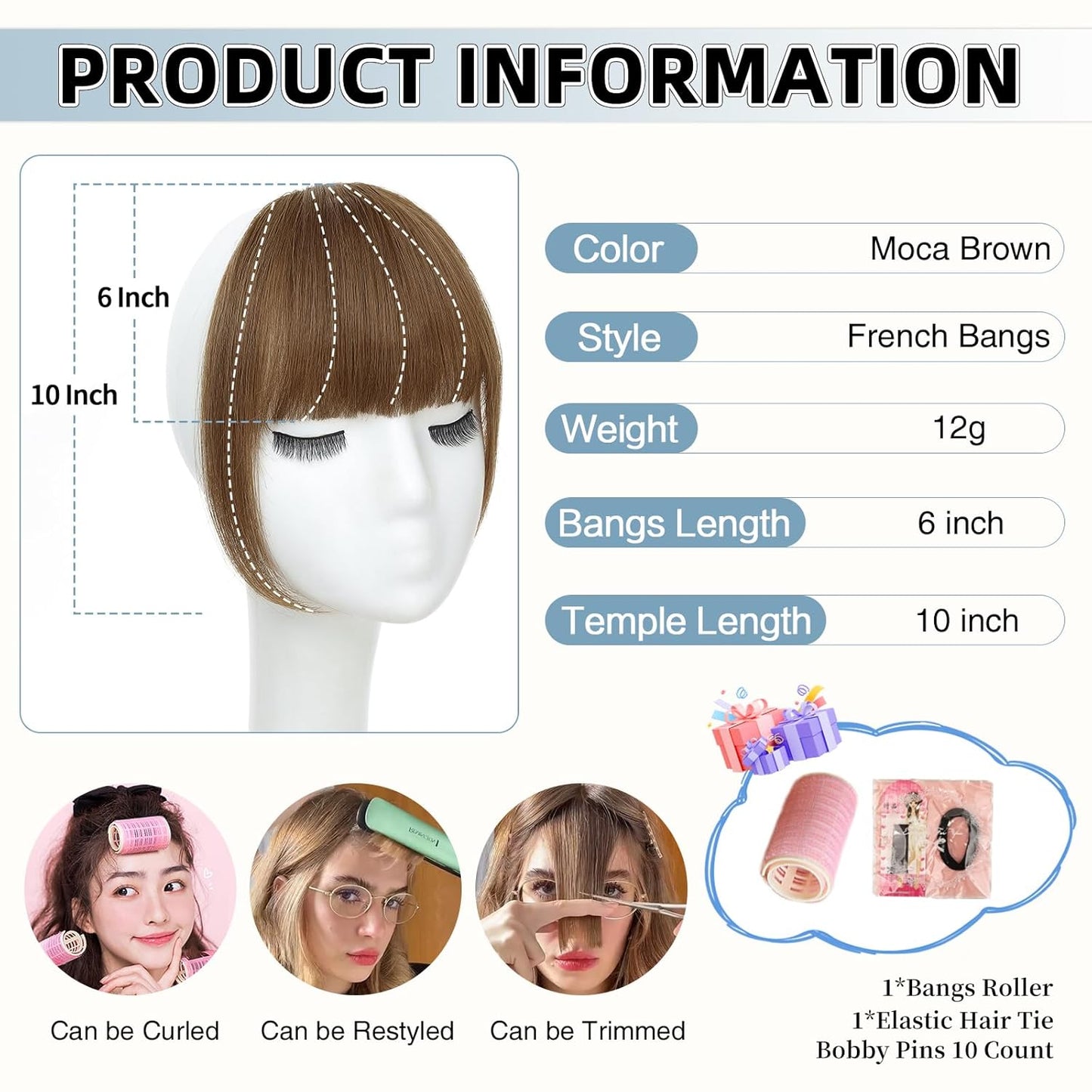 Clip In Bangs for Women, Moca Brown French Bangs Hair Clip with Temples, 100% Real Human Hair Layered Curved Fringe for Halloween and Daily Use(Moca Brown, French Bangs)