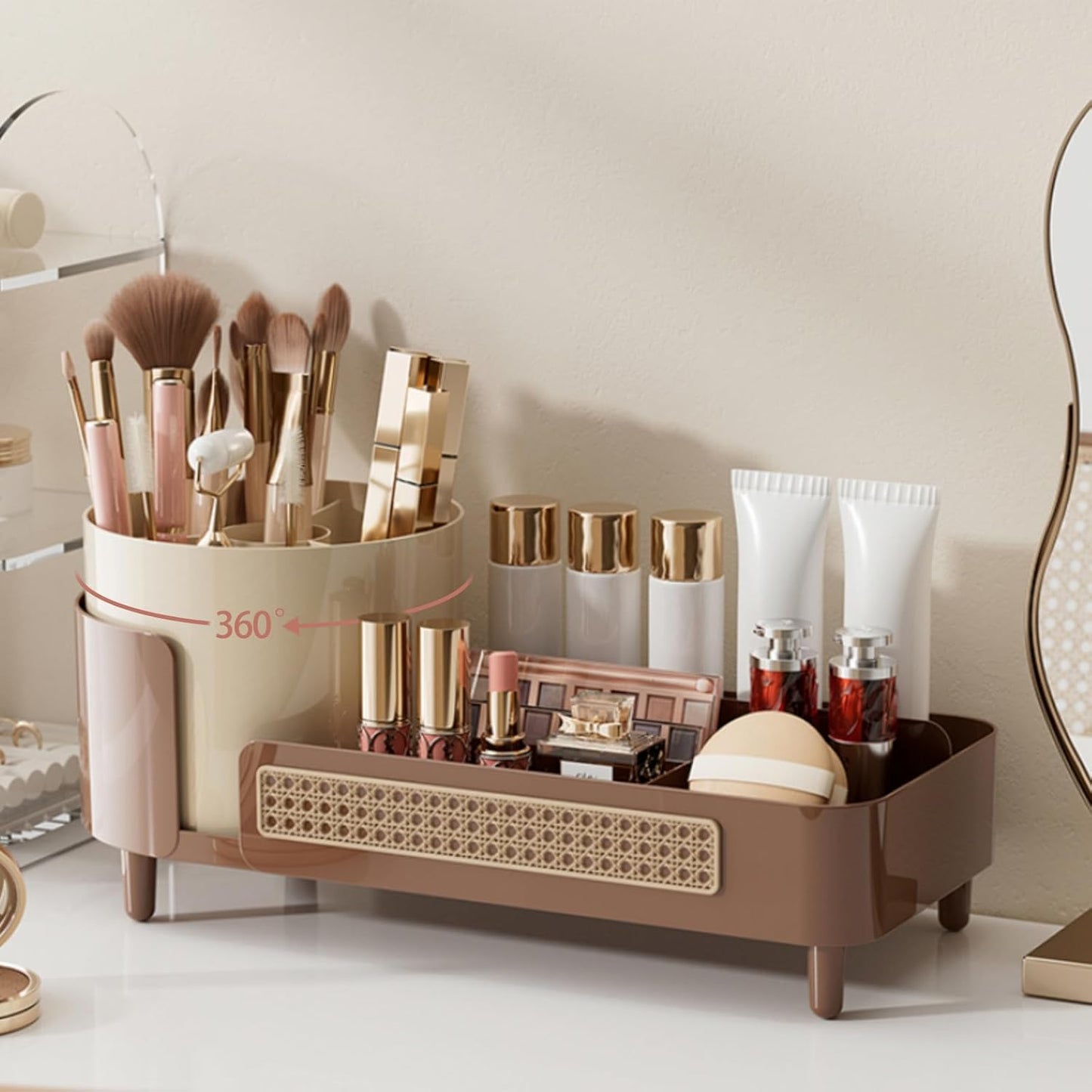 Rotating Makeup Organizer Countertop,Large Capacity Makeup Organizers for Vanity,2 in 1 makeup storage organizer for Bathrooms,Cosmetic Display Case (Coffee)