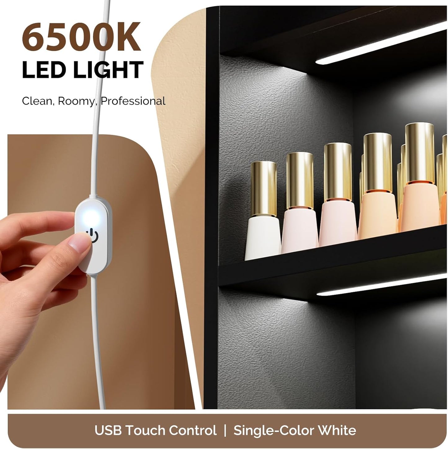 OmySalon Wall Mounted Display Rack, 47.6-Inch 3-Tier LED Nail Polish Organizer Shelf with USB Touch Control, for Nail Salon, Spa, Beauty Studio Storage, Wooden Retail Display (Black)