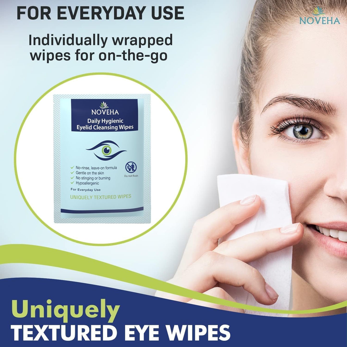 NOVEHA 180Pcs Daily Hygienic Eyelid & Lash Wipes | 120 Individually Wrapped Cleansing Eyelash Wipes - For Blepharitis & Itchy Eyes, Demodex and Natural Makeup Remover & Daily Cleanser (3 Pack)