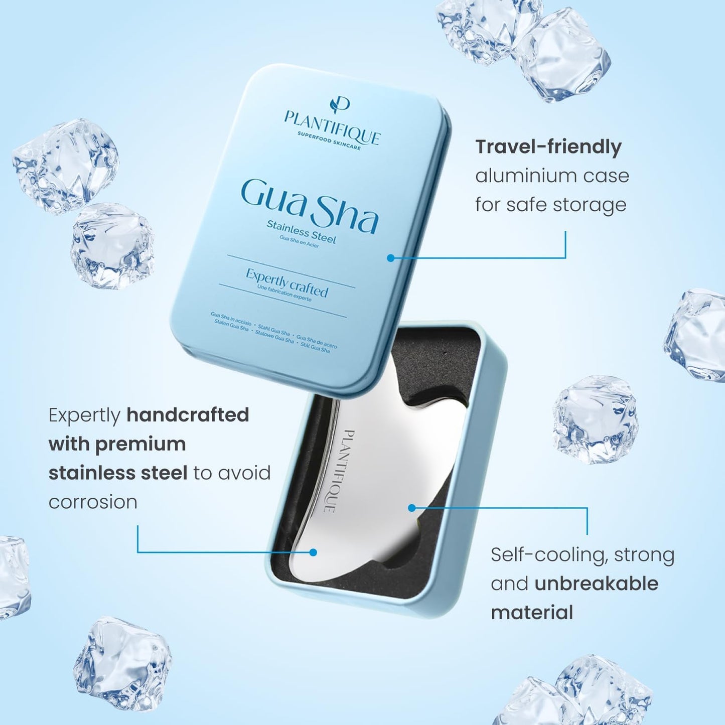 PLANTIFIQUE Stainless Steel Gua Sha | Facial Tool | Skin Massage for Face Body Eyes Neck Heart Style with Travel Pouch | Skin Care Gift