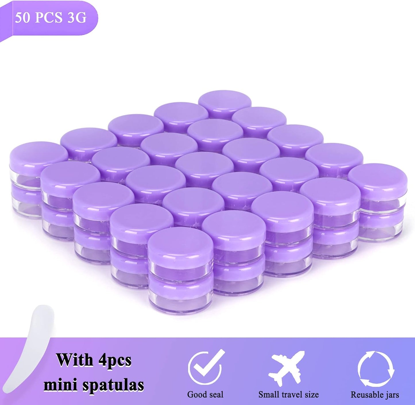 50PCS 3 Gram Sample Containers, 3ml Empty Jars with Lids, Small Cosmetic Containers, Mini Sample Jars with 4PCS Mini Spatulas for Make Up, Oils, Lotion, Powder, Paint, Jewelry, Lip Balms(Purple Lid)