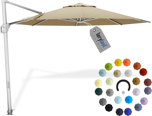 Midtown Umbrellas 10 Ft Outdoor Cantilever Patio Umbrella w/Terylast Chestnut Beige Fabric - Rotate 360° Offset Patio Umbrella, Deck Patio Umbrella, Backyard Umbrella & Garden Umbrella - Silver Frame