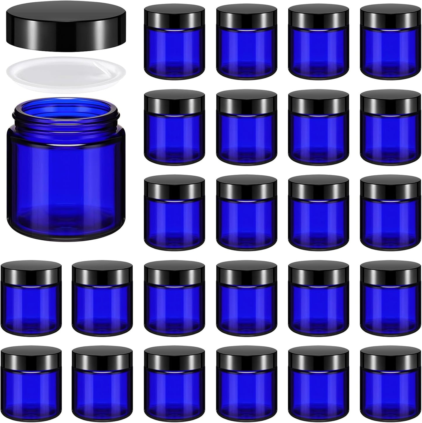 Norme 24 Pcs 4 oz Glass Jars with Lids Leakproof Round Airtight Empty Cosmetic Jars with Inner Liners Lid for Storing Lotions Powder Ointments Candle Making Tins (Blue,Black)