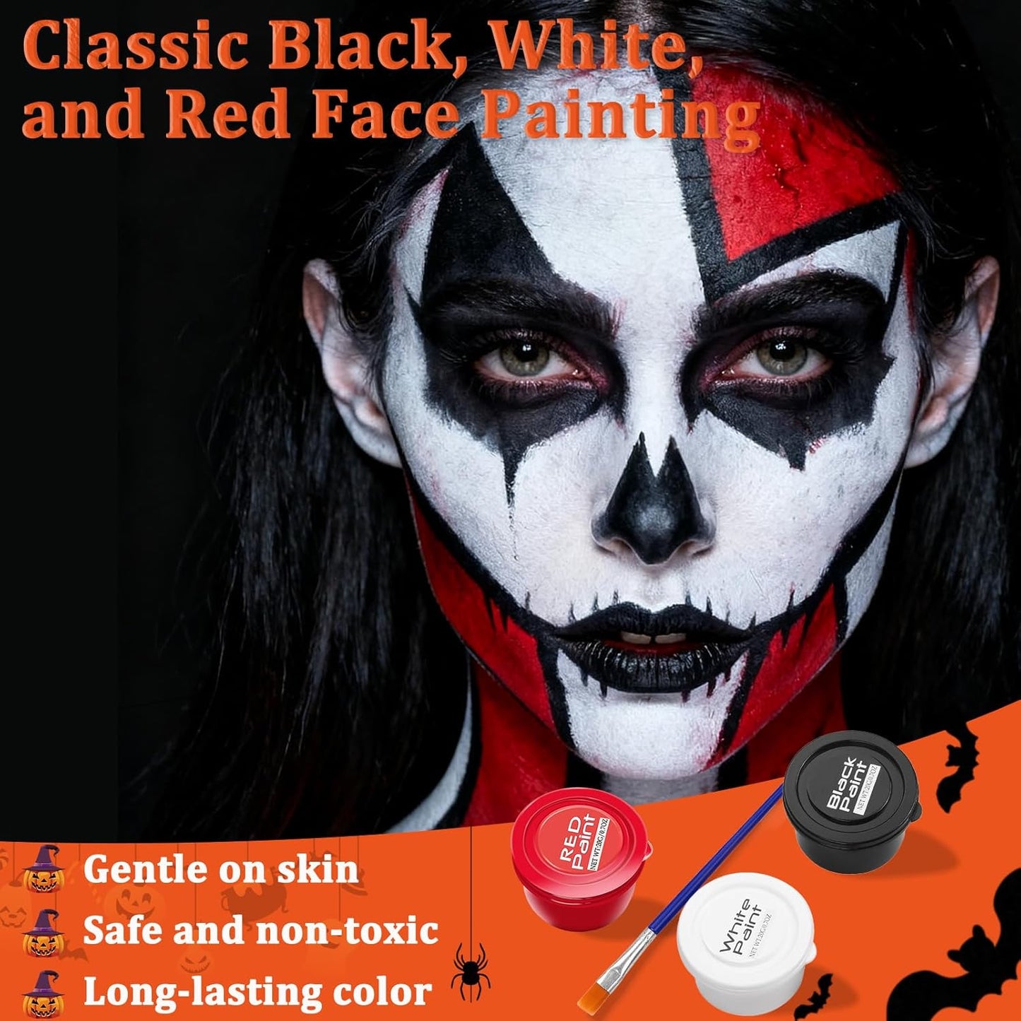 White Foundation + Black Red Face Body Paint for Halloween Makeup, Face Painting Kit with Brush, Skin-Friendly & Non-Toxic Face Paint Suitable for Cosplay Parties, Stage Plays, and Halloween Makeup