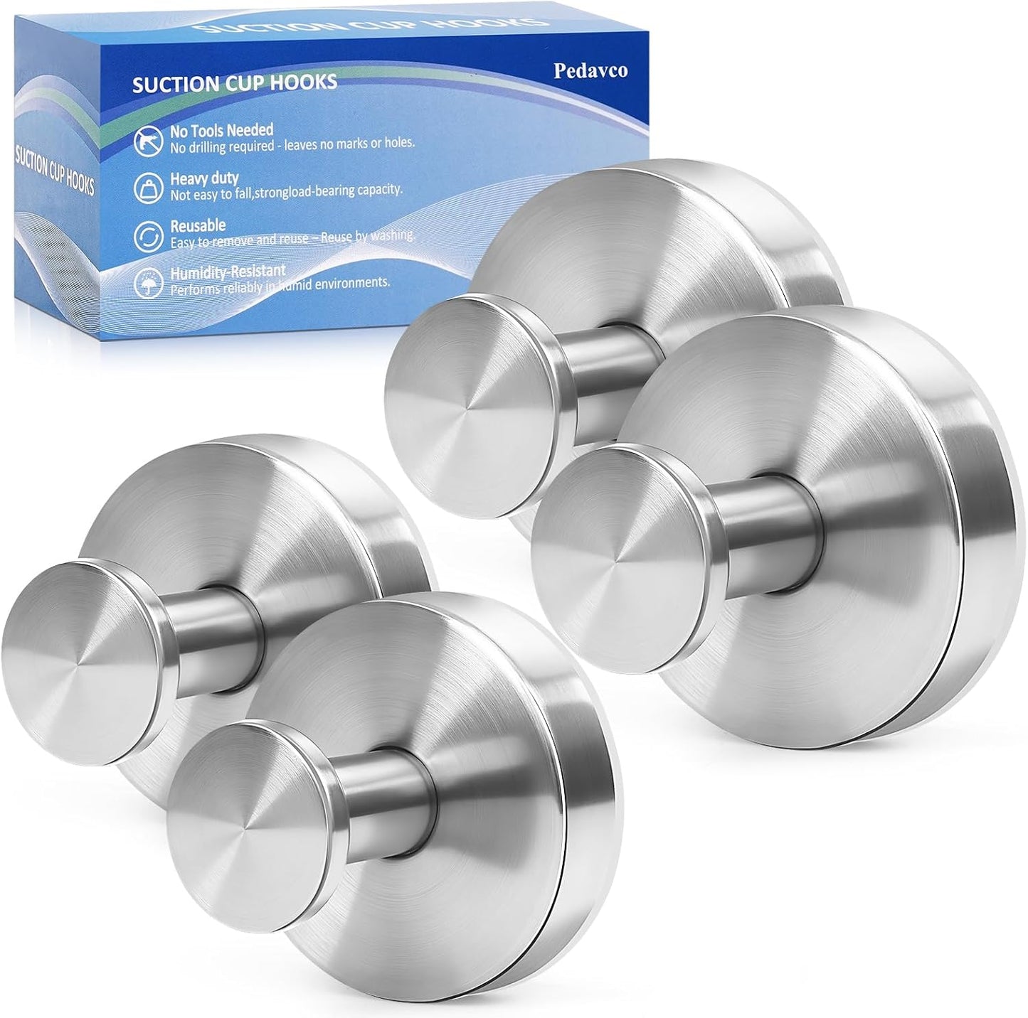 Suction Cup Hooks for Shower No Drill - Heavy Duty Stainless Steel Bathroom Hooks, Wall Mounted for Towels, Robes, Loofah - Works on Tile, Glass, Mirror, Kitchen (Silver, 4 Pack)