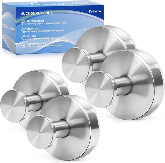Suction Cup Hooks for Shower No Drill - Heavy Duty Stainless Steel Bathroom Hooks, Wall Mounted for Towels, Robes, Loofah - Works on Tile, Glass, Mirror, Kitchen (Silver, 4 Pack)