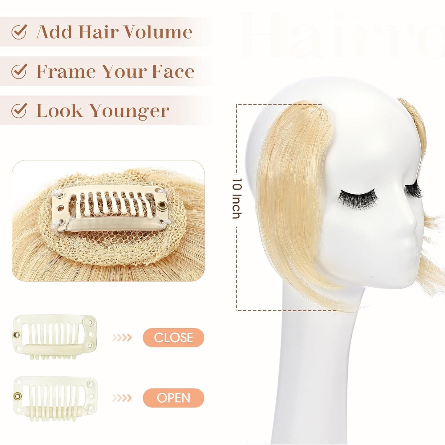 Hairro Clip in Wave Side Bangs Extensions, 100% Human Hair 2 PCS Clip on Middle Part French Bangs Thin Sides Swept Fringe Hairpieces