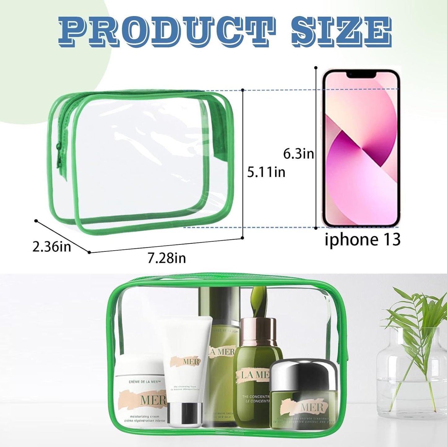16 Pieces Clear Makeup Bag PVC Zippered Clear Toiletry Carry Pouch Portable Cosmetics Bag Waterproof Makeup Bag Vinyl Plastic Organizer Case for Travel Vacation Bathroom (Green-M)
