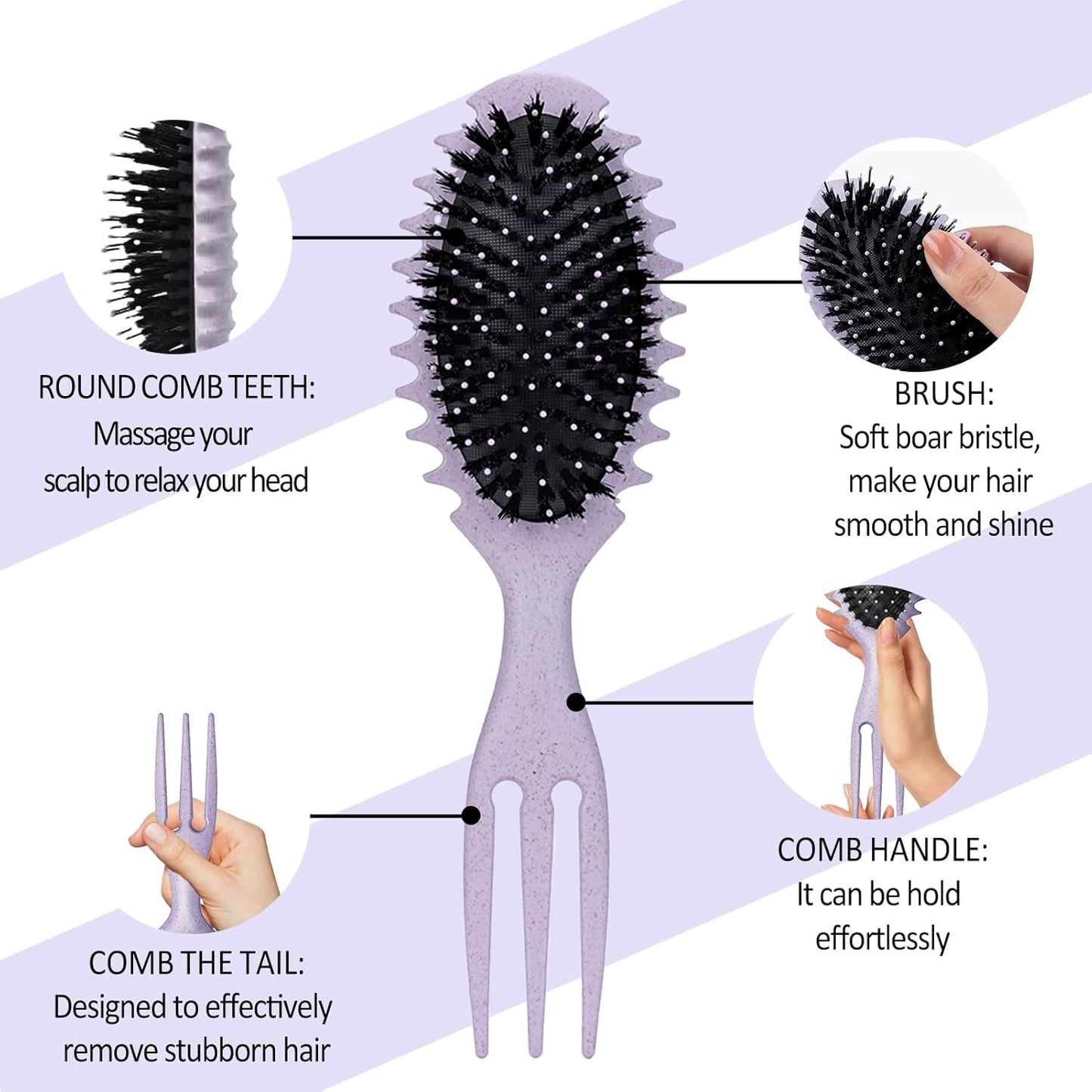 Curly Hair Boar Bristle Curl Defining Brush for Curl Wave Straight Hair, Unique Trident Handle Design Defineing Brush for Wet Dry HairsStyling Massage Hairbrush Hairs Pick Comb Purple