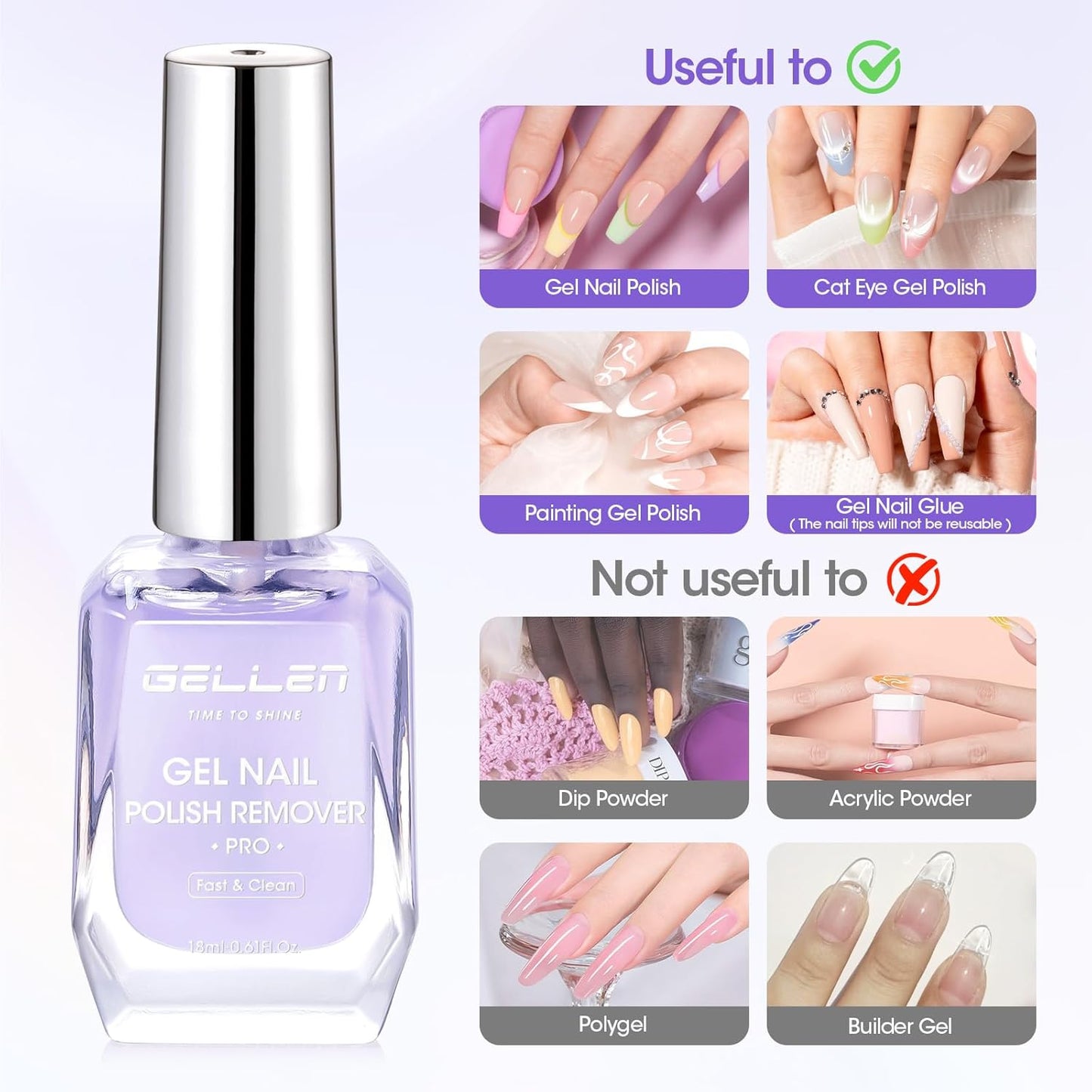 Gellen Gel Nail Polish Remover, (2pcs) Gel Polish Remover for Nails, No Need Foil, Quickly & Easy Polish Remove in 2-5 Minutes, No Need Soaking 18ml Gel Nail Remover Pro