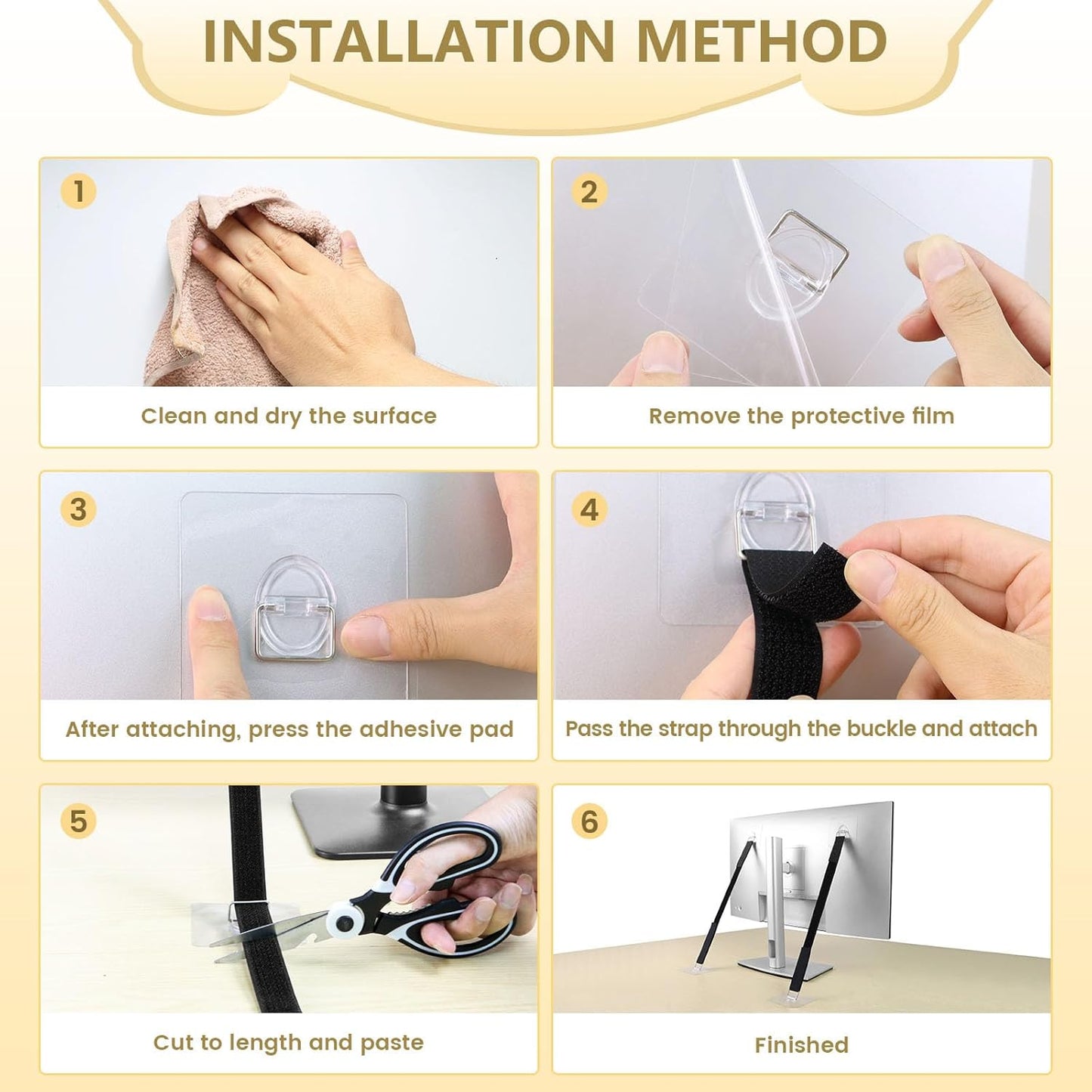 10 Pack Cut to Length TV Safety Straps for Flat Screen, No-Drill Adjustable Anti-Tip Earthquake Straps for TV and Furniture，Including 1in*32ft Hook and Loop Straps with 20 Adhesive Anchors