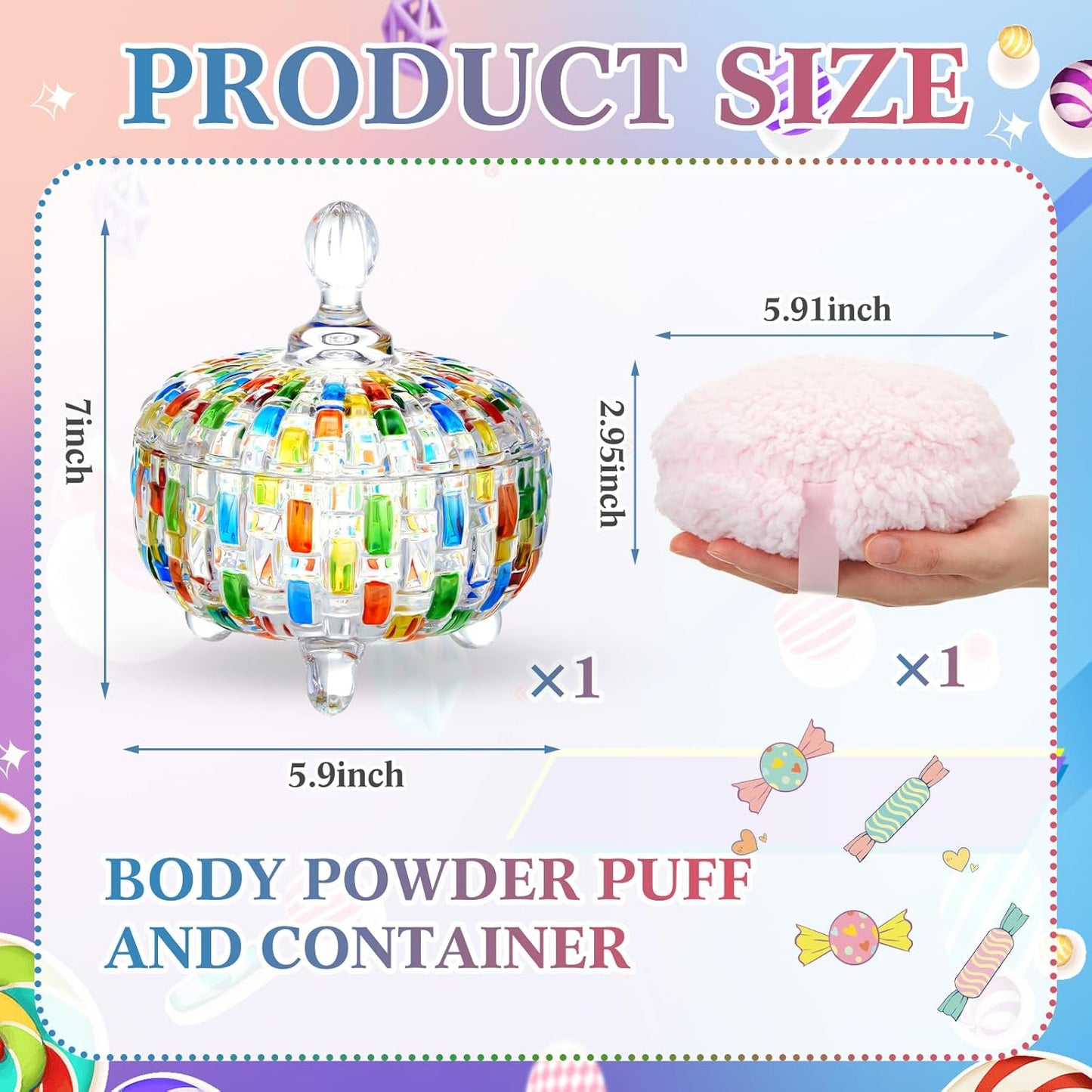 Tioncy 2 Pcs Extra Large Dusting Powder Puff and Container 6'' Body Powder Puff and Crystal Container for Women Soft Washable Reusable Velour Face(Multicolor)