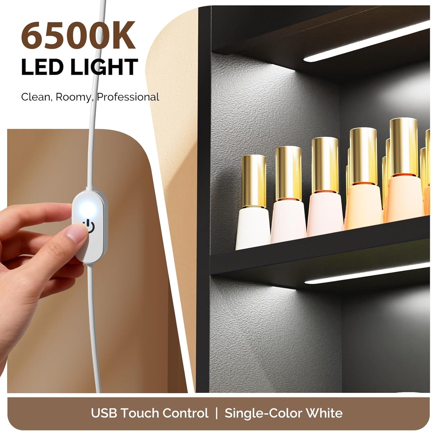 OmySalon Wall Mounted Display Rack, 32-Inch 3-Tier LED Nail Polish Organizer Shelf with USB Touch Control, for Nail Salon, Spa, Beauty Studio Storage, Wooden Retail Display (Black)