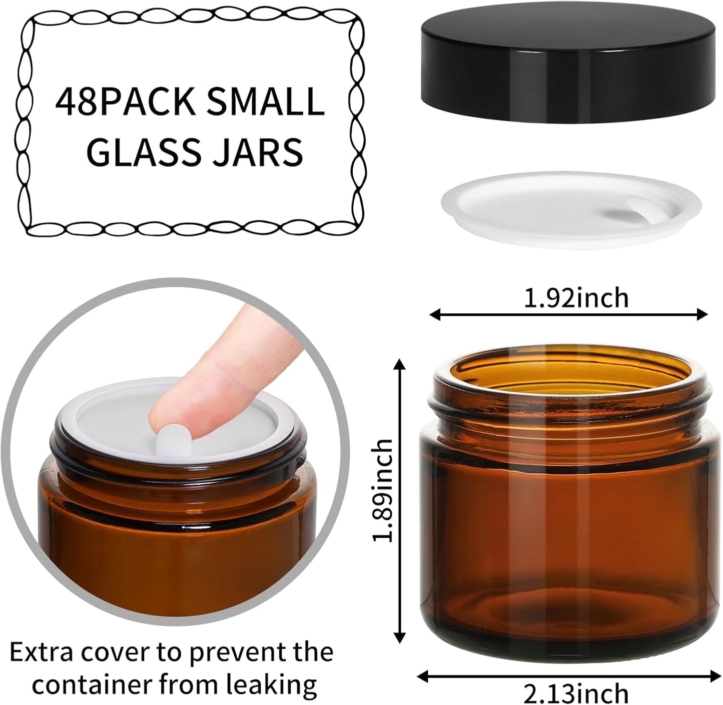 KEYWING 2oz Small Glass Jars with Black Lids, 48 Pack Amber Glass Cosmetic Jars, Round Empty Sample Container with Inner Liners for Lotions, Cream, Powders and Ointments