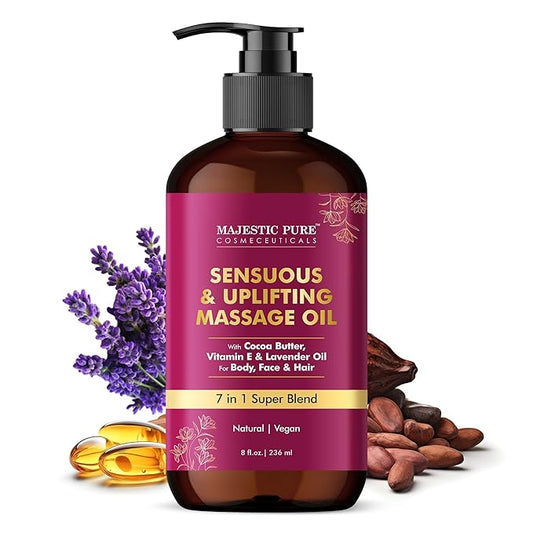 Majestic Pure Cocoa Massage Oil with Cocoa Butter, Vitamin E & Lavender Oil | Invigorating, Refreshing, and Relaxing |for All Skin Types - Men and Women | 8 Fl Oz