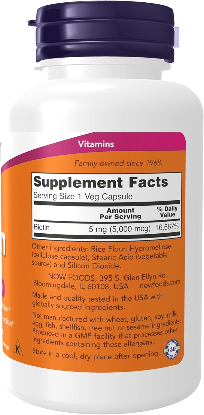 NOW Foods Supplements, Biotin 5,000 mcg, Amino Acid Metabolism*, Energy Production*, 120 Veg Capsules