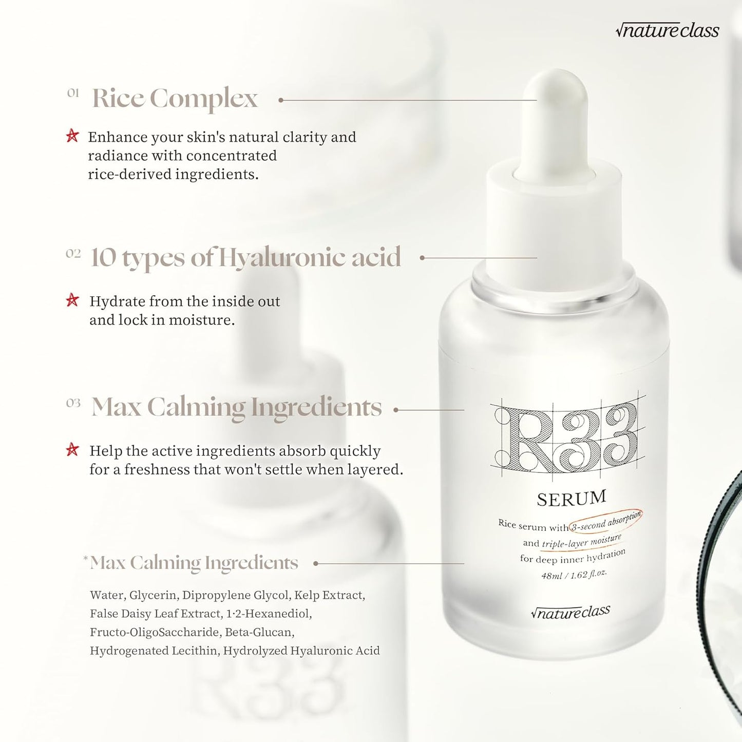 R33 Serum with Rice Complex & 10 Types of Hyaluronic Acid – Fast-Absorbing, Non-Sticky Hydrating Serum for 24-Hour Moisture, Calming, Korean Skincare (50ml / 1.69 fl.oz.)