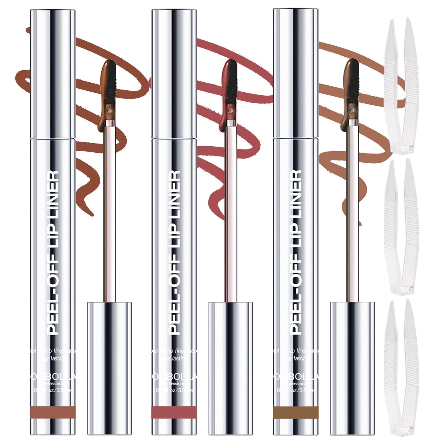3 Colors Peel Off Lip Liner Stain with Tweezer, Long Lasting Waterproof Lip Tint Stains Makeup Set with Matte Finish for Women, Natural Look, Easy to Use, for All Skin Types (#234, M)