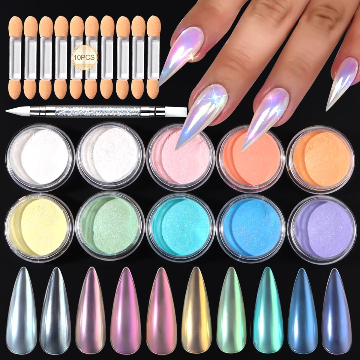 10 Colors Mermaid Pearl Chrome Nail Powder, Iridescent Aurora Powder Metallic Mirror Effect Pigment Pearlescent Nail Art Glitter Dust Kit for Gel Polish Nail Art Decoration