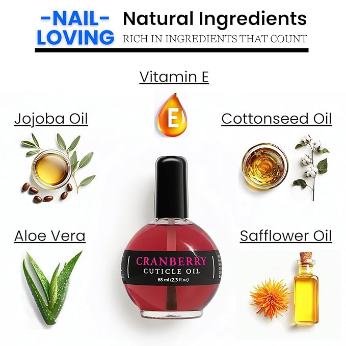 Moisturizing Cuticle & Nail Care Oil 2.3 Fl Oz - Cranberry Scented – Infused with Jojoba Oil, Aloe, Vitamin E – Nail & Cuticle Hydration, Repair, Moisturizer, Strengthener, Growth