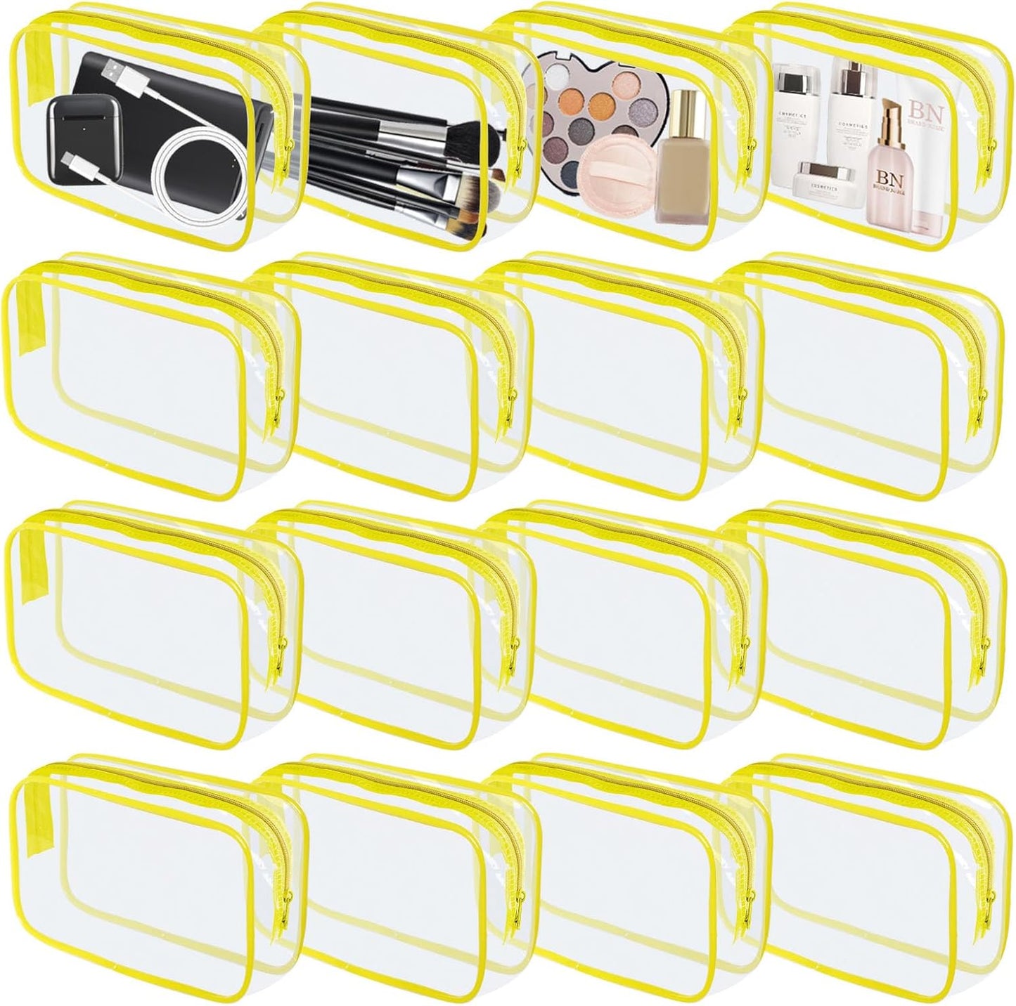 16 Pieces Clear Makeup Bag PVC Zippered Clear Toiletry Carry Pouch Portable Cosmetics Bag Waterproof Makeup Bag Vinyl Plastic Organizer Case for Travel Vacation Bathroom (Yellow-M)