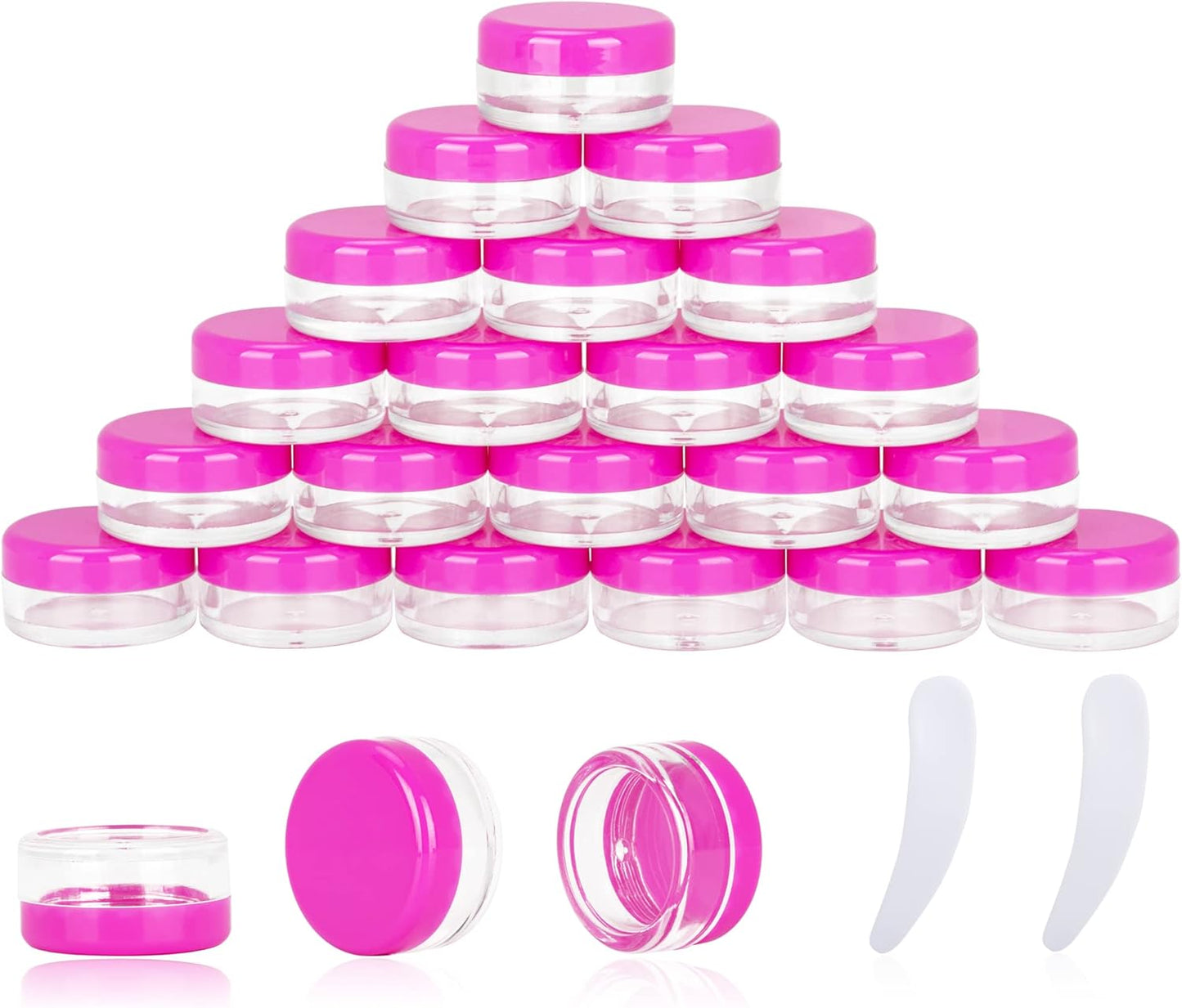 25PCS 3 Gram Sample Containers, 3ml Empty Jars with Lids, Small Cosmetic Containers, Mini Sample Jars with 2PCS Mini Spatulas for Make Up, Oils, Lotion, Powder, Paint, Jewelry, Lip Balms(Pink Lid)