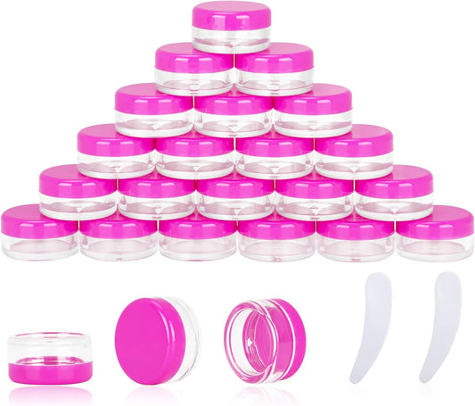 25PCS 3 Gram Sample Containers, 3ml Empty Jars with Lids, Small Cosmetic Containers, Mini Sample Jars with 2PCS Mini Spatulas for Make Up, Oils, Lotion, Powder, Paint, Jewelry, Lip Balms(Pink Lid)