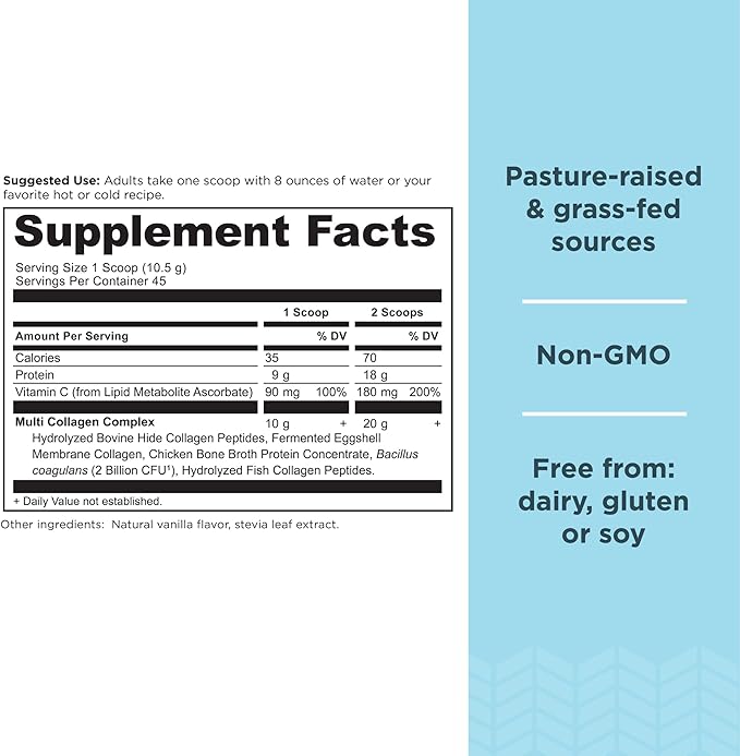 Collagen Powder Protein by Ancient Nutrition, Multi Collagen Vanilla Protein Powder, 45 Servings, with Vitamin C, Hydrolyzed Collagen Peptides Supports Skin and Nails, Gut Health, 16.7oz