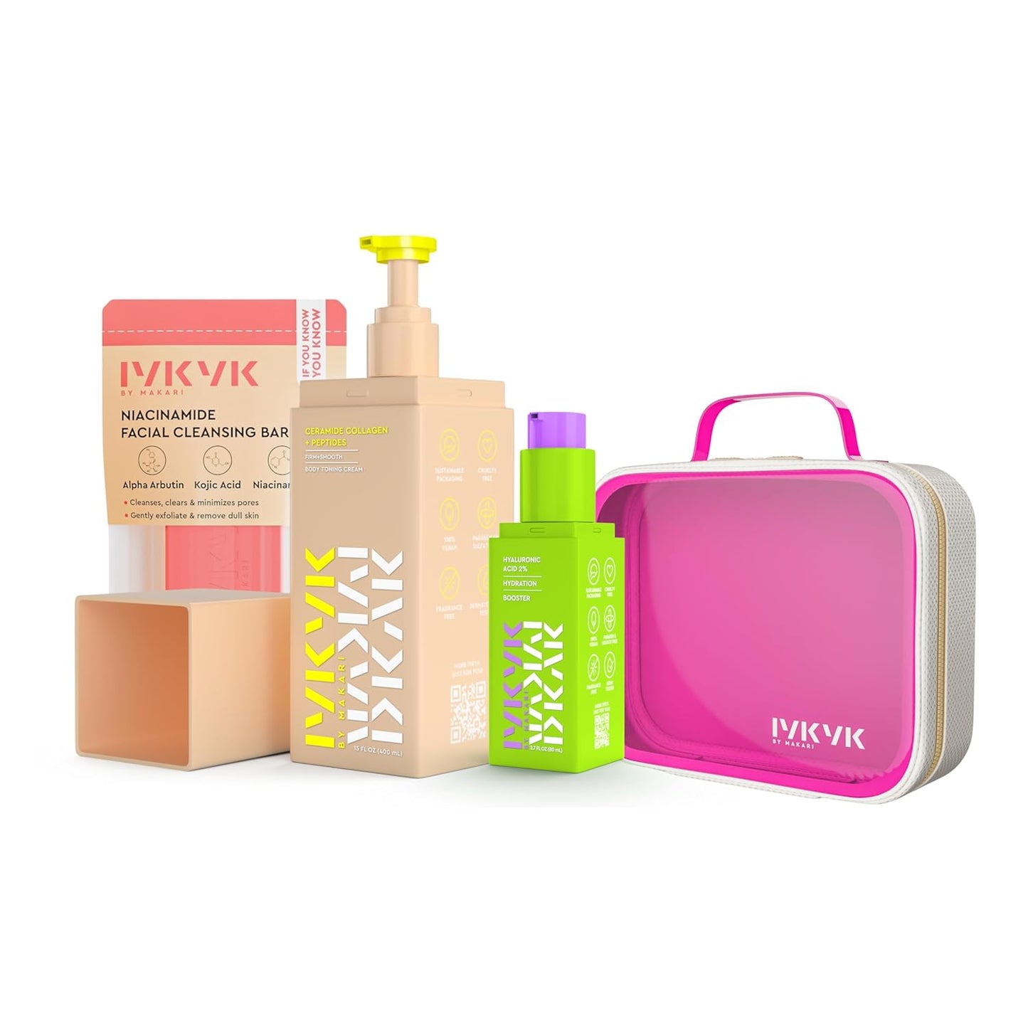 IYKYK by Makari Glow & Go Skincare Kit, Niacinamide Soap, Ceramide Collagen Body Lotion & Hyaluronic Booster Serum, Hydrating & Radiance Boosting Skin Care Set, Vegan, No Fragrance, Paraben & Sulfate