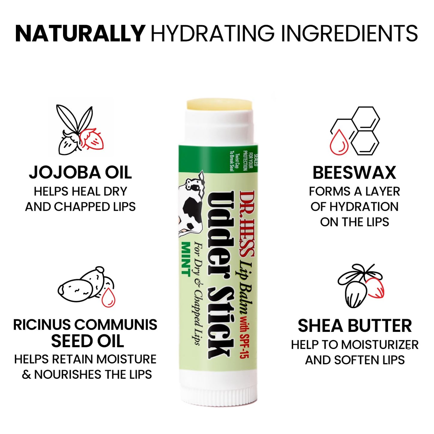 Dr. Hess Original Udder Stick SPF Lip Balm, Soothing Moisturizer Sun Screen Balm for Dry Lips with Jojoba, Beeswax & Shea Butter, Total Lip Care, Hydration & Repair, Mint Flavor, 4 Pack