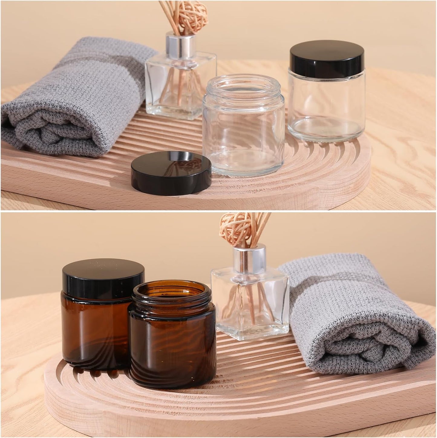 Norme 24 Pcs 4 oz Glass Jars with Lids Leakproof Round Airtight Empty Cosmetic Jars with Inner Liners Lid for Storing Lotions Powder Ointments Candle Making Tins (Black,Amber and Clear)