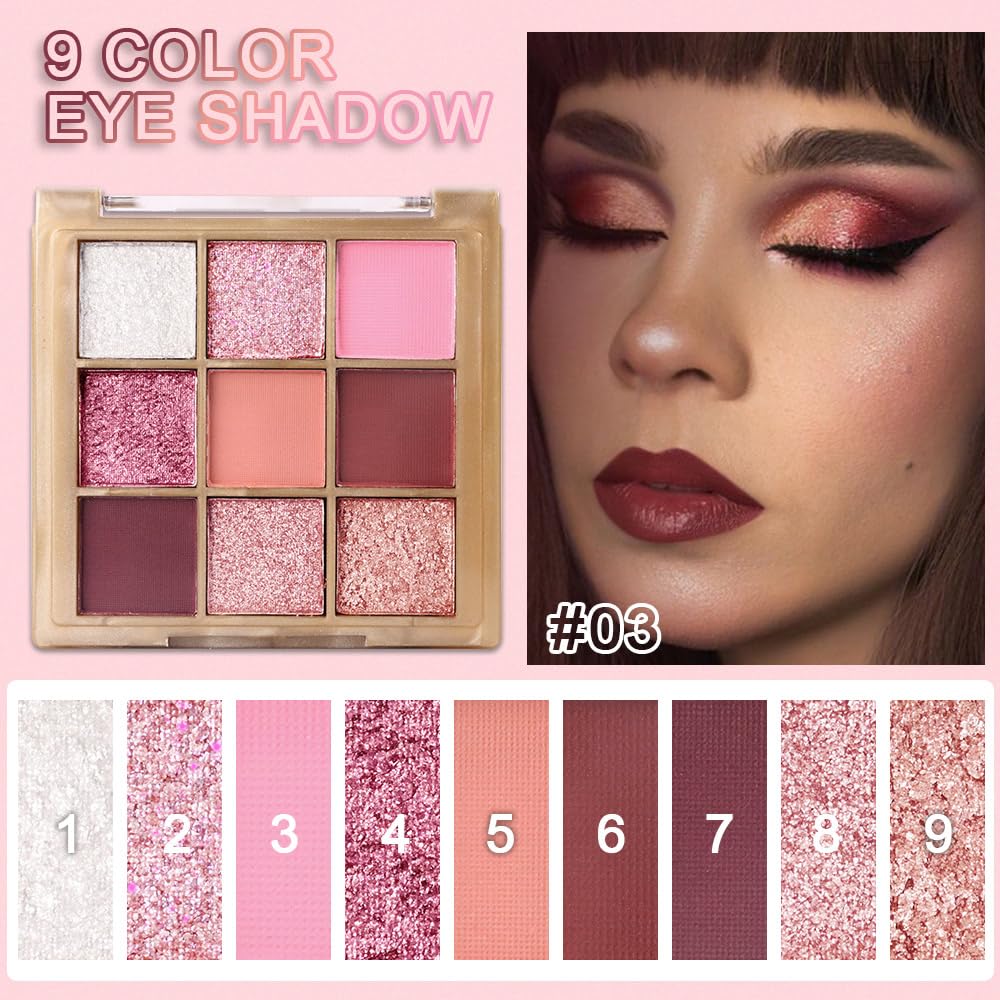 9 Colors Pink Eye Shadow Palettes,Nude Rose Gold Champagne Plum Eyeshadow Palette for Older Women,Natural Powde Eye Shadows Waterproof Long Lasting Naturing-Looking,Travel Size Makeup Pallete