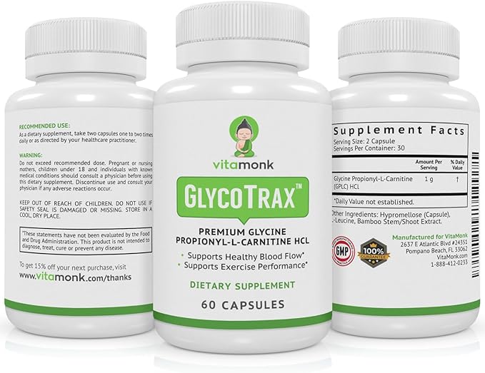 VitaMonk GlycoTrax - High Absorption GPLC Supplement - No Artificial Fillers - GPLC Glycine Propionyl-L-Carnitine Capsules Supplements to Support Healthy Blood Flow - 60 Capsules
