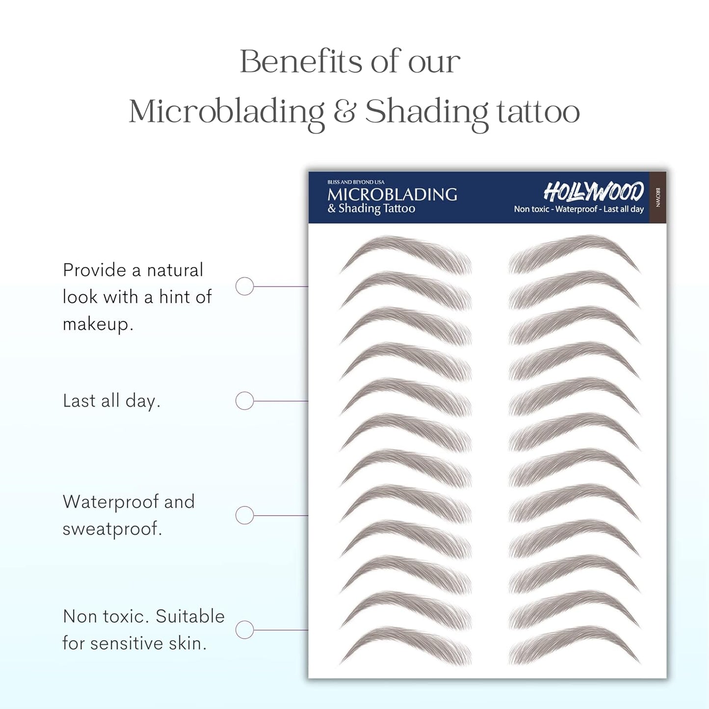 Bliss and Beyond USA, 2 Sheets Waterproof Eyebrow Tattoo Stickers, Long Lasting, Natural Looking Fake Eyebrows for Alopecia, Chemo, Cancer Gift. Same Size (Dramatic Hollywood, Brown)