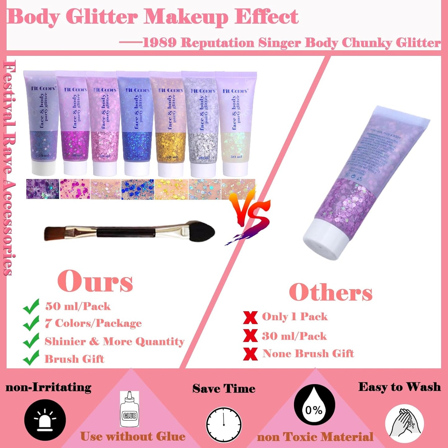 Body Glitter Face Glitter Gel: Singer Concerts Disco Festival Rave Accessories Face Glitter Makeup 150ml Chunky Sequins Mermaid Face Body Hair Glitter Gel (White&Silver&Pink&Gold&Blue&Purple&Rose)