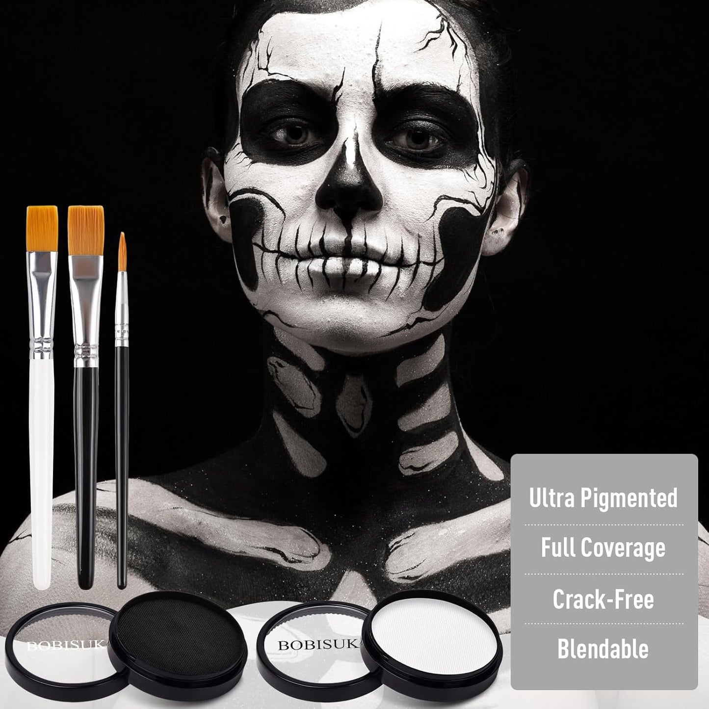 BOBISUKA Black White Face Body Paint, Water Based Face Painting Kit Body Paints with Brushes, Kids Adults Facepaint for Halloween Party Clown Joker Goth Skull SFX Makeup Costume Cosplay Stage Dress-Up