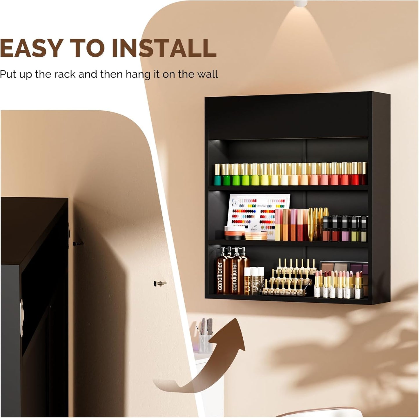 OmySalon Wall Mounted Display Rack, 32-Inch 3-Tier LED Nail Polish Organizer Shelf with USB Touch Control, for Nail Salon, Spa, Beauty Studio Storage, Wooden Retail Display (Black)