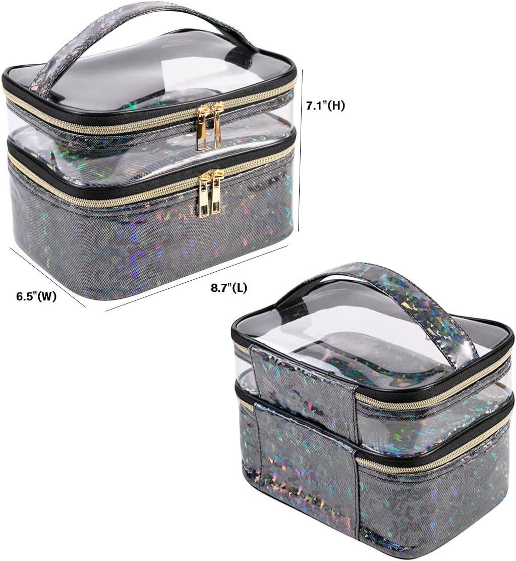 FITINI Makeup Bags Double Layer Travel Storage Cosmetic Cases Make-up Organizer Toiletry Bags Water-resistant for Women Makeup Brush Bag,Black