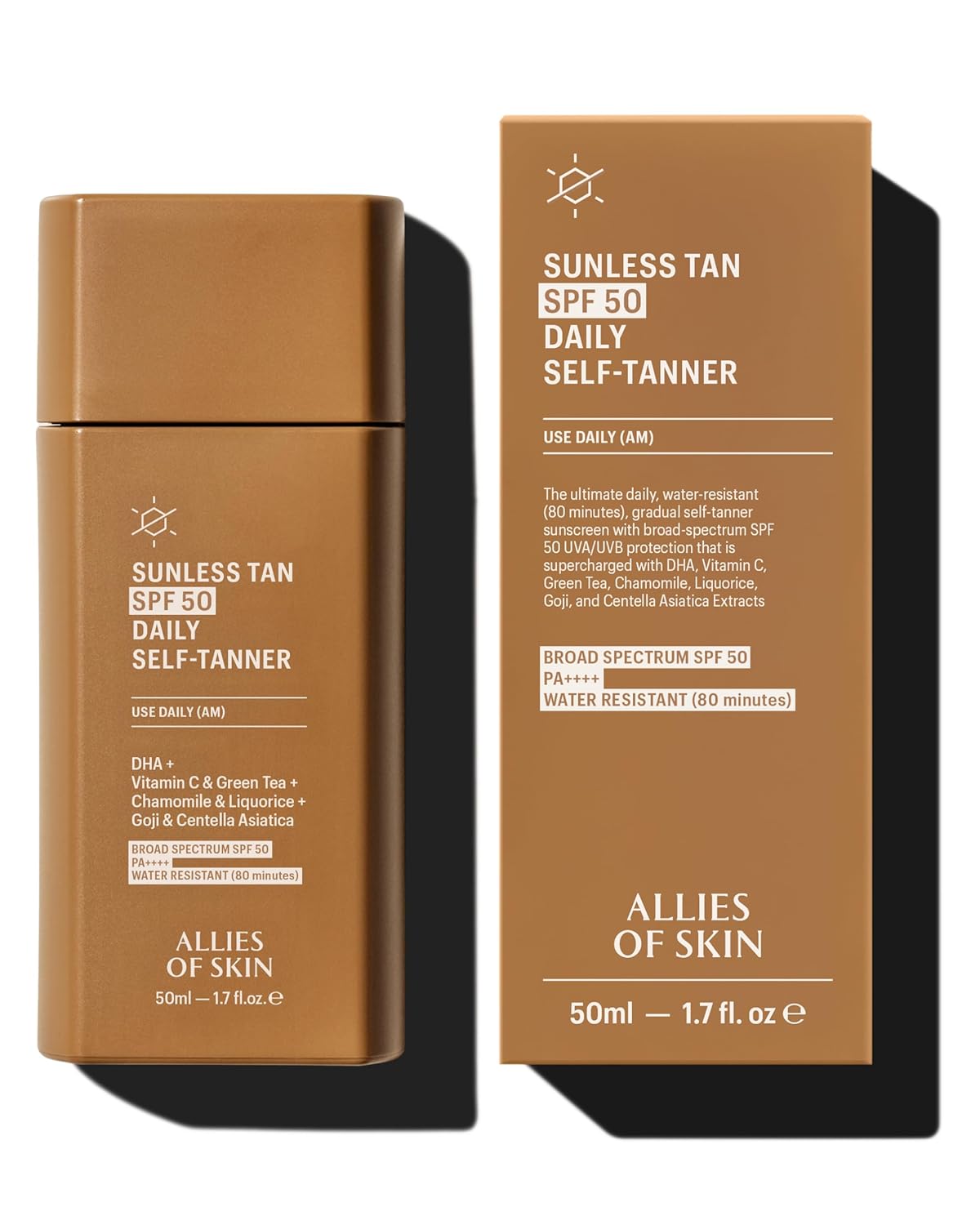 Allies of Skin Daily SPF 50 Daily Self Tanner for Face | Buildable Natural Tan with Sunscreen and Vitamin C | Lightweight Gel Formula for Streak-Free Finish and Glow (1.7 Fl oz)
