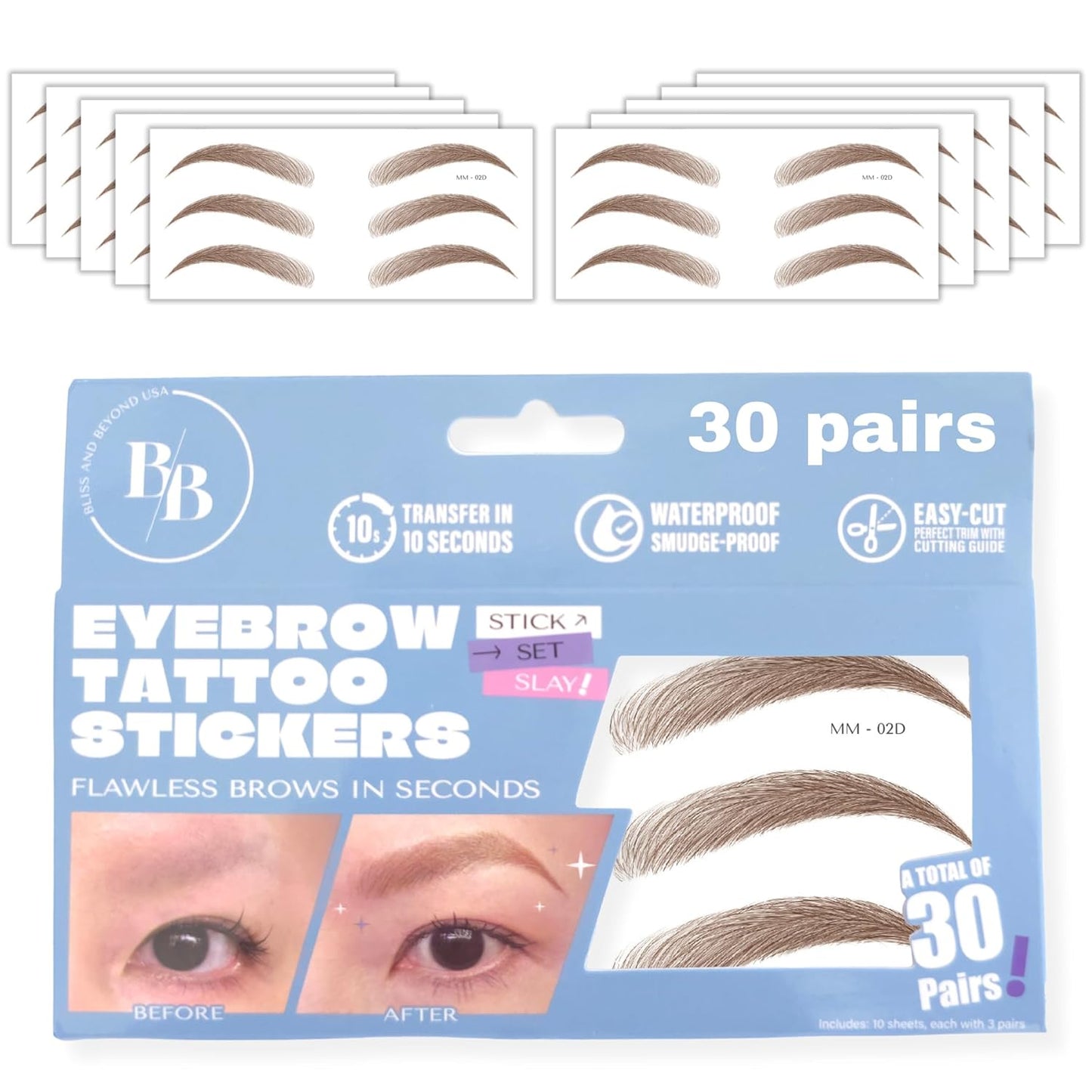 Bliss and Beyond USA Eyebrow Tattoo Stickers Waterproof – 30-Pair Deluxe Box | Realistic Hair-Like Temporary Brows for Alopecia, Cancer, and Hair Loss (Brown, Dramatic Miami)