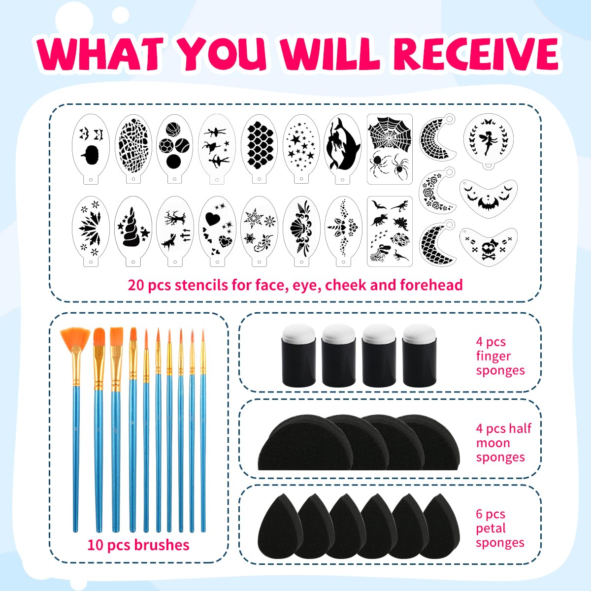 46 pcs Face Paint Stencils Kit,22 Pcs Reusable Facial Painting Stencils Reusable Body Paint Templates with 10 pcs Brushes,14 pcs Sponges for Party Halloween Makeup Depvision Face Paint Accessory Kit