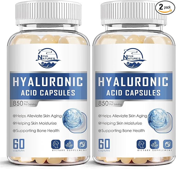 Nature's live Hyaluronic Acid Supplements, 850mg High Bioavailable Dietary Hyaluronic Acid Capsules, Double Strength Joint Lubrication, Skin Hydration, Hair & Nails Support, 60 Softgels, 2 Pack