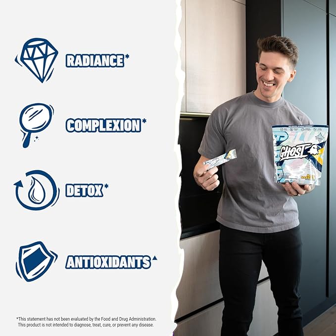 GHOST Glow Sticks: Beauty and Detox Supplement - 30 On-The-Go Stick Packs, Mango Margarita - Hyaluronic Acid, Biotin & L-Theanine for Skin-Boosting Support - Sugar Free, Gluten Free